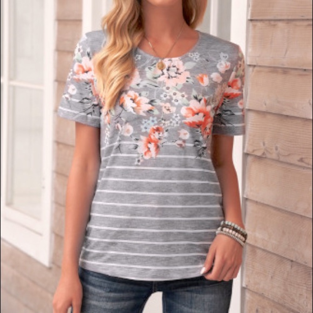 Grey Spring/Floral and Stripe Tee